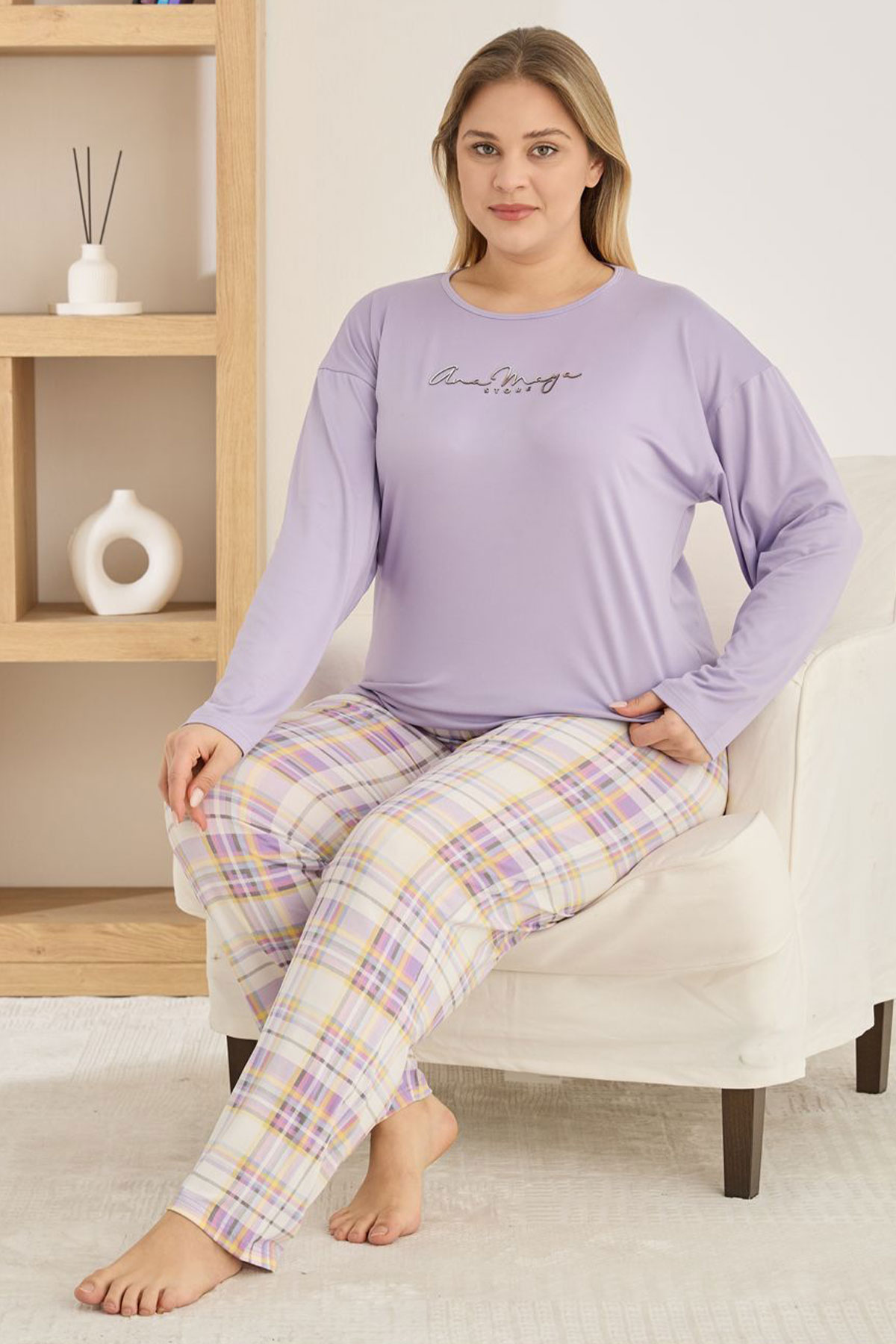 Pijamoni Kadın Pijama Takımı Büyük Beden Uzun Kollu Bisiklet Yaka Milan Desenli - Lila - Thumbnail