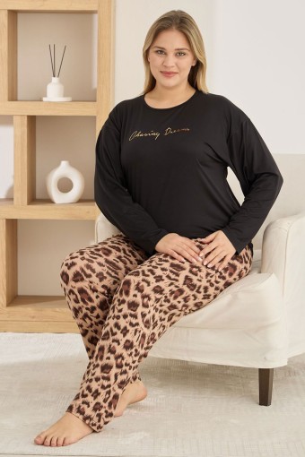 PİJAMONİ - Pijamoni Kadın Pijama Takımı Büyük Beden Uzun Kollu Bisiklet Yaka Milan Desenli - Siyah