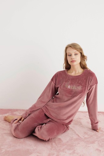 PİJAMONİ - Pijamoni Kadın Pijama Takımı Fransız Kadife Yüksek Baskılı Friends Yazılı - Gülkurusu (1)