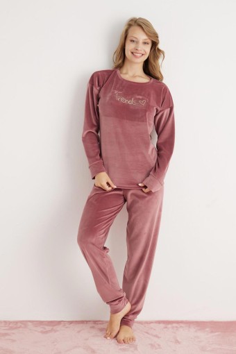 PİJAMONİ - Pijamoni Kadın Pijama Takımı Fransız Kadife Yüksek Baskılı Friends Yazılı - Gülkurusu