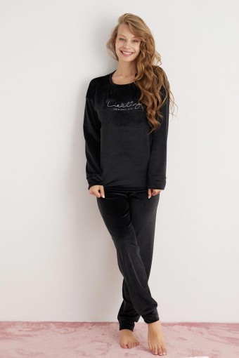 PİJAMONİ - Pijamoni Kadın Pijama Takımı Fransız Kadife Yüksek Baskılı Kalpli Yazılı - Siyah