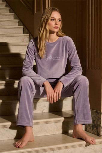 PİJAMONİ - Pijamoni Kadın Pijama Takımı Fransız Kadife Yüksek Baskılı - Koyu Lila