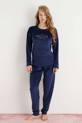 PİJAMONİ - Pijamoni Kadın Pijama Takımı Fransız Kadife Yüksek Baskılı - Lacivert