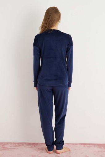 PİJAMONİ - Pijamoni Kadın Pijama Takımı Fransız Kadife Yüksek Baskılı - Lacivert (1)