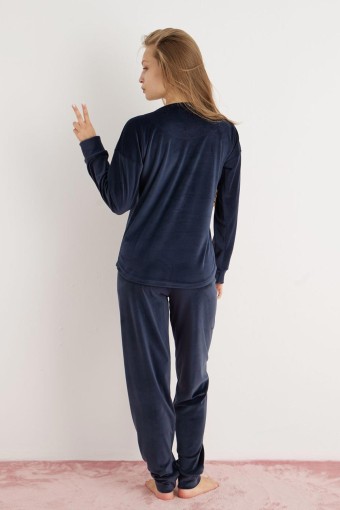 PİJAMONİ - Pijamoni Kadın Pijama Takımı Fransız Kadife Yüksek Baskılı Lamour Yazılı - Lacivert (1)