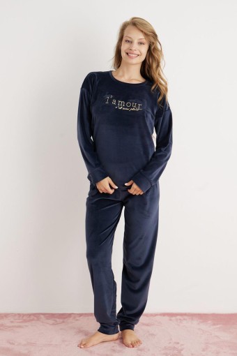 PİJAMONİ - Pijamoni Kadın Pijama Takımı Fransız Kadife Yüksek Baskılı Lamour Yazılı - Lacivert