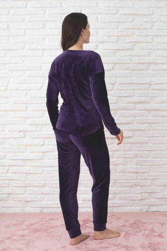 PİJAMONİ - Pijamoni Kadın Pijama Takımı Fransız Kadife Yüksek Baskılı Revive Yazılı - Mürdüm (1)