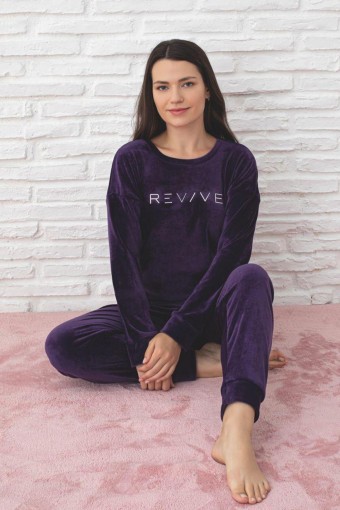 PİJAMONİ - Pijamoni Kadın Pijama Takımı Fransız Kadife Yüksek Baskılı Revive Yazılı - Mürdüm