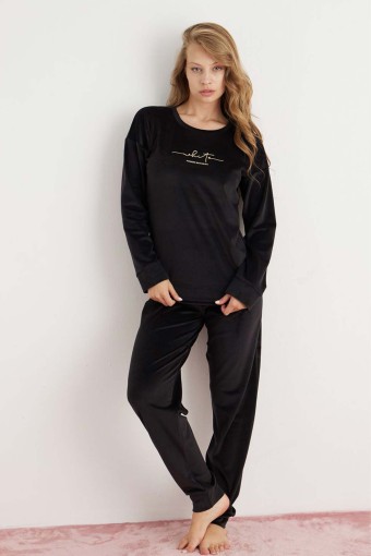 PİJAMONİ - Pijamoni Kadın Pijama Takımı Fransız Kadife Yüksek Baskılı - Siyah
