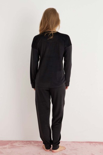 PİJAMONİ - Pijamoni Kadın Pijama Takımı Fransız Kadife Yüksek Baskılı - Siyah (1)