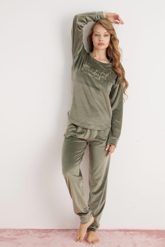 PİJAMONİ - Pijamoni Kadın Pijama Takımı Fransız Kadife Yüksek Baskılı Wonderful Yazılı - Yeşil