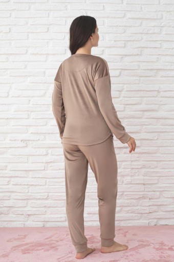 PİJAMONİ - Pijamoni Kadın Pijama Takımı Fransız Kadife Yüksek Baskılı Yıldız Yazılı - Kahverengi (1)