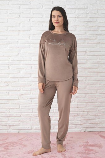 PİJAMONİ - Pijamoni Kadın Pijama Takımı Fransız Kadife Yüksek Baskılı Yıldız Yazılı - Kahverengi