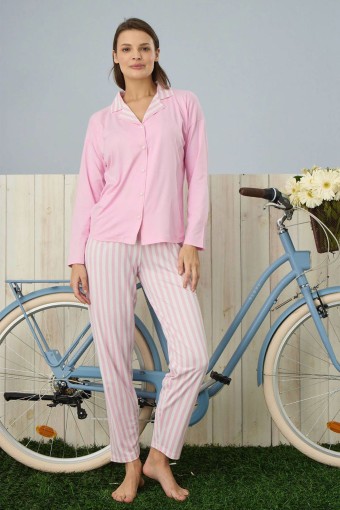 PİJAMONİ - Pijamoni Kadın Pijama Takımı Gömlek Yaka Uzun Kol Milan Çizgili - Pembe