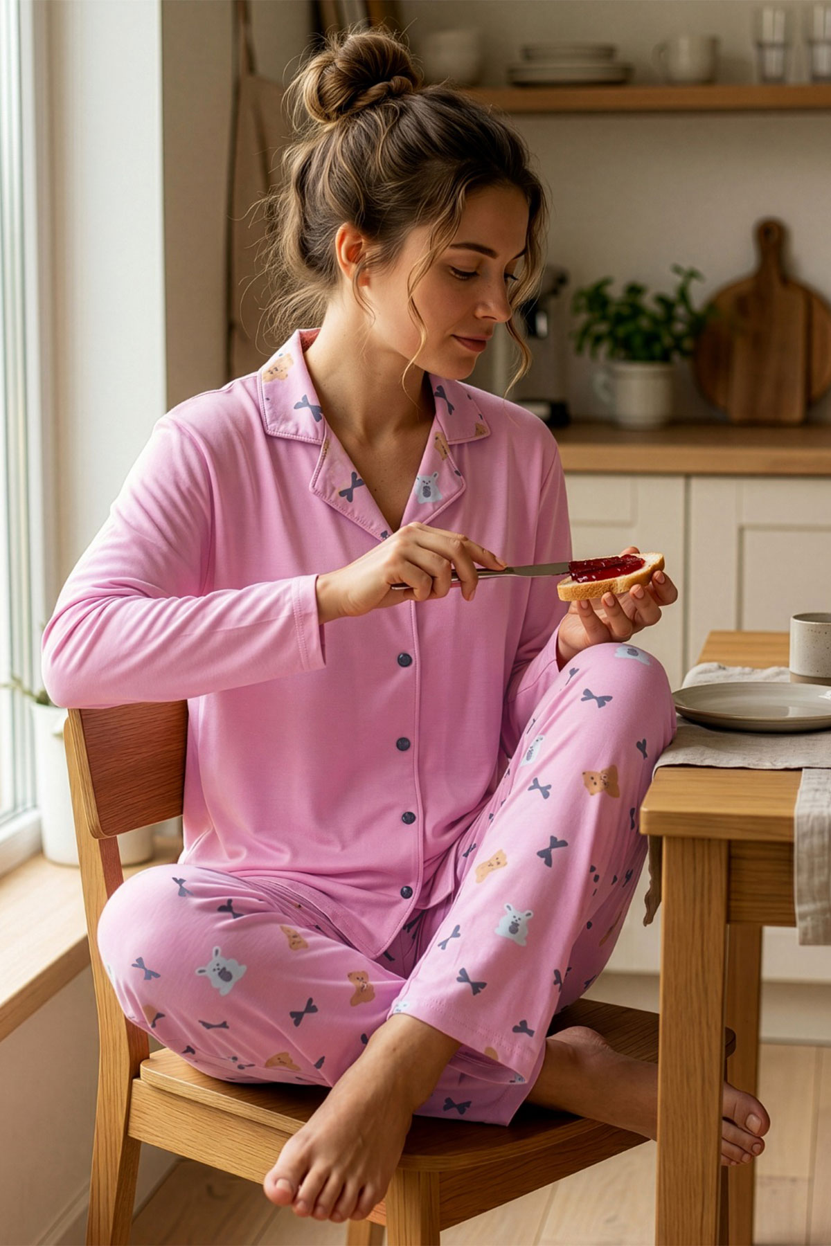 Pijamoni Kadın Pijama Takımı Gömlek Yaka Uzun Kol Milan Desenli - Pembe - Thumbnail