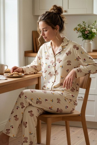 PİJAMONİ - Pijamoni Kadın Pijama Takımı Gömlek Yaka Uzun Kol Milan Desenli - Ekru