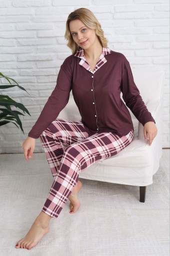 PİJAMONİ - Pijamoni Kadın Pijama Takımı Gömlek Yaka Uzun Kol Milan Ekose Desenli - Mürdüm