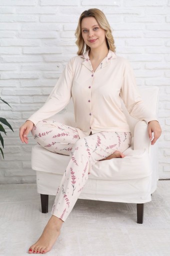 PİJAMONİ - Pijamoni Kadın Pijama Takımı Gömlek Yaka Uzun Kol Milan Yaprak Desenli - Ekru