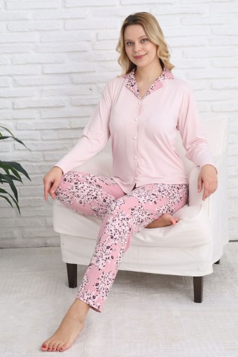PİJAMONİ - Pijamoni Kadın Pijama Takımı Gömlek Yaka Uzun Kol Milan Yaprak Desenli - Pembe