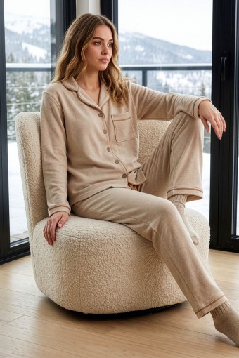 PİJAMONİ - Pijamonı Kadın Pijama Takımı Gömlek Yaka Uzun Kollu Selanik - Bej Melanj