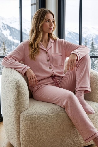 PİJAMONİ - Pijamonı Kadın Pijama Takımı Gömlek Yaka Uzun Kollu Selanik - Pudra Melanj