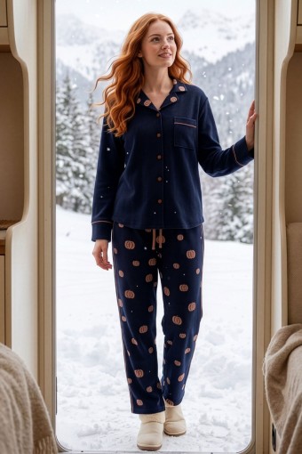 PİJAMONİ - Pijamoni Kadın Pijama Takımı Gömlek Yaka Uzun Kollu Waffle - Lacivert