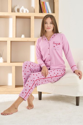 PİJAMONİ - Pijamoni Kadın Pijama Takımı Gömlek Yaka Uzun Kollu Waffle - Pembe