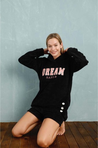 PİJAMONİ - Pijamoni Kadın Pijama Takımı Kapşonlu Şortlu Polar - Siyah