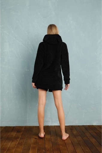 PİJAMONİ - Pijamoni Kadın Pijama Takımı Kapşonlu Şortlu Polar - Siyah (1)