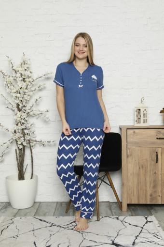 PİJAMONİ - Pijamoni Kadın Pijama Takımı Kısa Kol 4 Düğmeli Bulut Baskılı - Saks Mavisi Süprem Kumaş - Saks Mavisi (1)