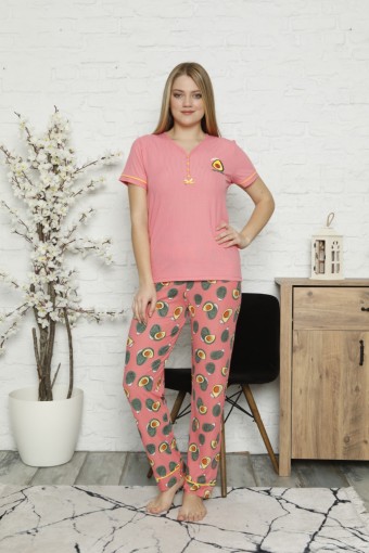 PİJAMONİ - Pijamoni Kadın Pijama Takımı Kısa Kol Dört Düğmeli Avokado Baskılı - Narçiçeği Süprem Kumaş - Narçiçeği (1)