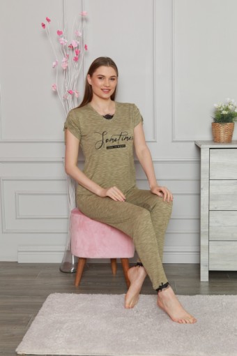 PİJAMONİ - Pijamoni Kadın Pijama Takımı Kısa Kol Sometimes Baskılı - Yeşil Süprem Kumaş - Somon