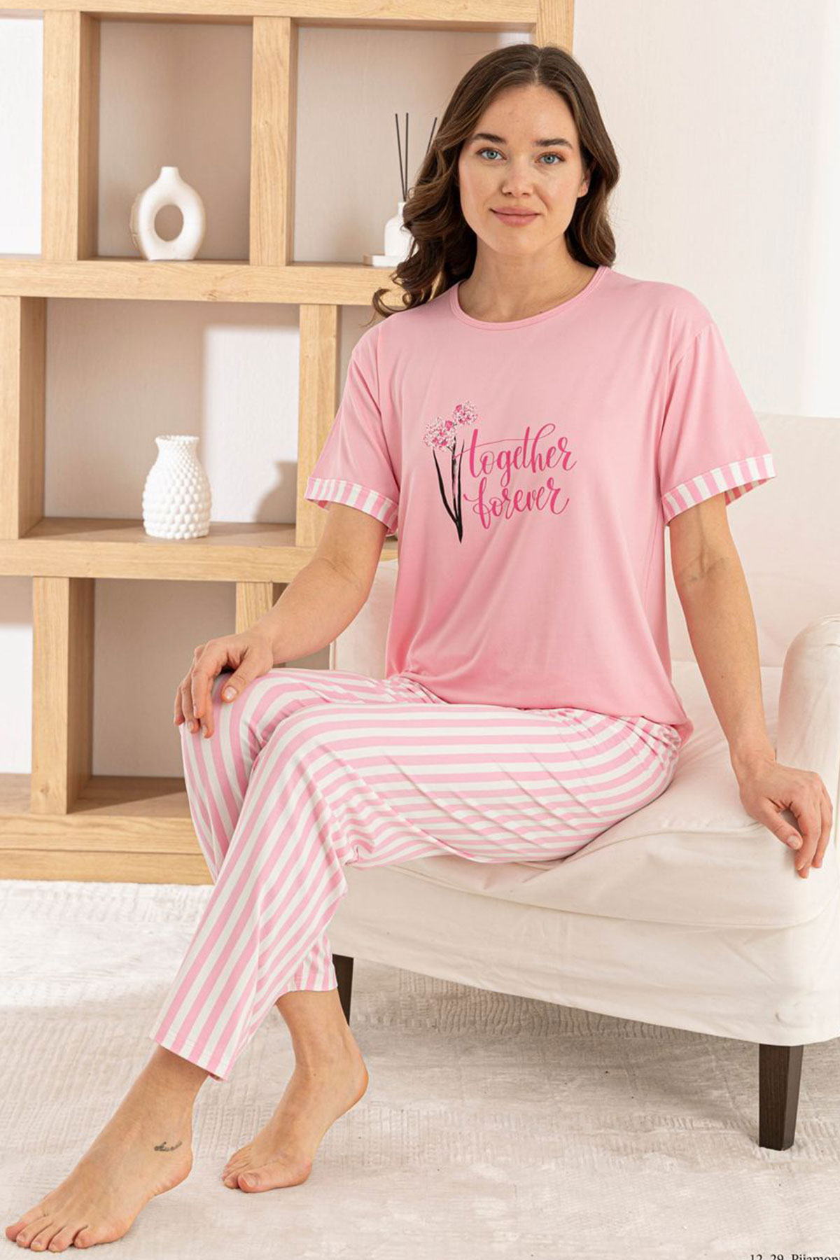 Pijamoni Kadın Pijama Takımı Kısa Kol Yuvarlak Yaka Milan Çizgili - Pembe - Thumbnail