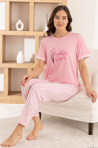 PİJAMONİ - Pijamoni Kadın Pijama Takımı Kısa Kol Yuvarlak Yaka Milan Çizgili - Pembe