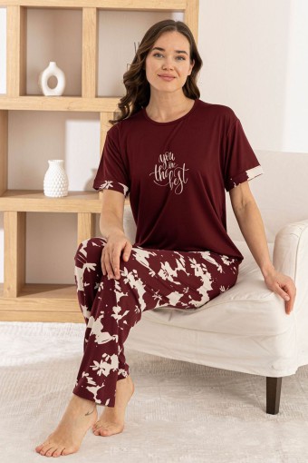 PİJAMONİ - Pijamoni Kadın Pijama Takımı Kısa Kol Yuvarlak Yaka Milan Desenli - Bordo