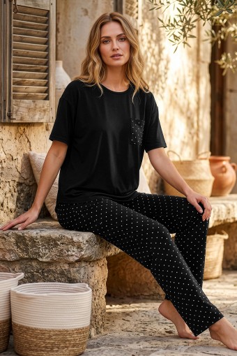 PİJAMONİ - Pijamoni Kadın Pijama Takımı Kısa Kol Yuvarlak Yaka Milan Desenli Cepli - Siyah