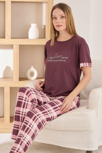 PİJAMONİ - Pijamoni Kadın Pijama Takımı Kısa Kol Yuvarlak Yaka Milan Desenli - Mürdüm