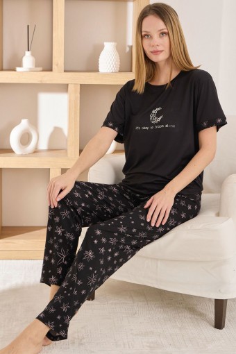 PİJAMONİ - Pijamoni Kadın Pijama Takımı Kısa Kol Yuvarlak Yaka Milan Desenli - Siyah