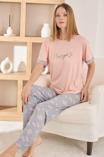 PİJAMONİ - Pijamoni Kadın Pijama Takımı Kısa Kol Yuvarlak Yaka Milan Desenli - Somon
