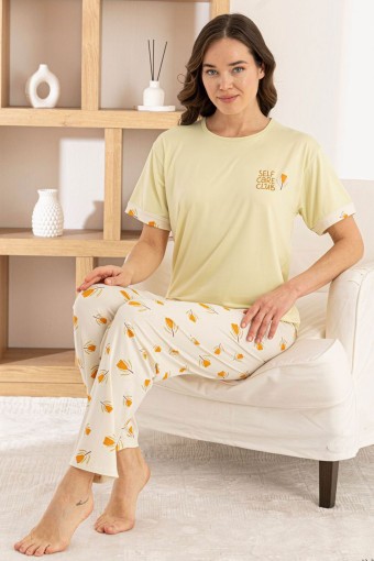 PİJAMONİ - Pijamoni Kadın Pijama Takımı Kısa Kol Yuvarlak Yaka Milan Lale Baskılı - Yeşil