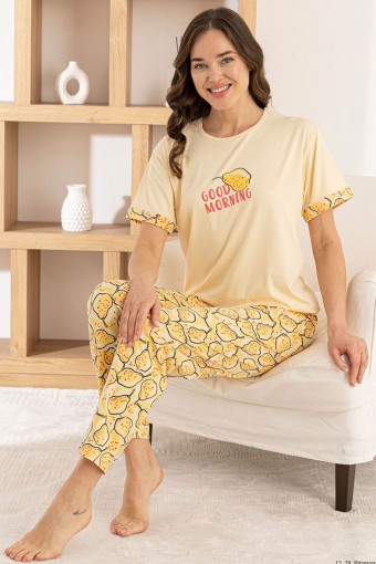 PİJAMONİ - Pijamoni Kadın Pijama Takımı Kısa Kol Yuvarlak Yaka Milan Meyve Desenli - Sarı