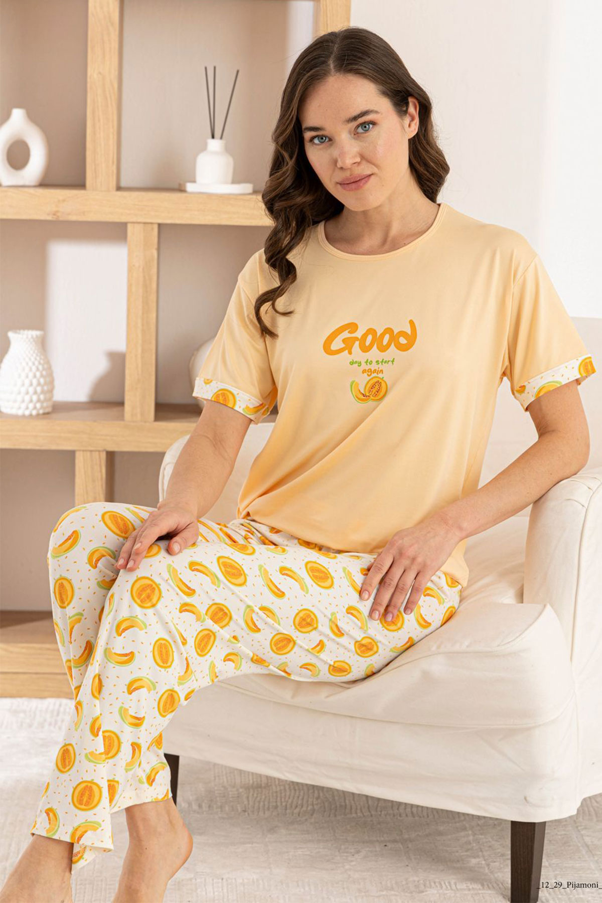 Pijamoni Kadın Pijama Takımı Kısa Kol Yuvarlak Yaka Milan Meyve Desenli - Turuncu - Thumbnail