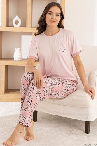 PİJAMONİ - Pijamoni Kadın Pijama Takımı Kısa Kol Yuvarlak Yaka Milan Yaprak Desenli - Pembe