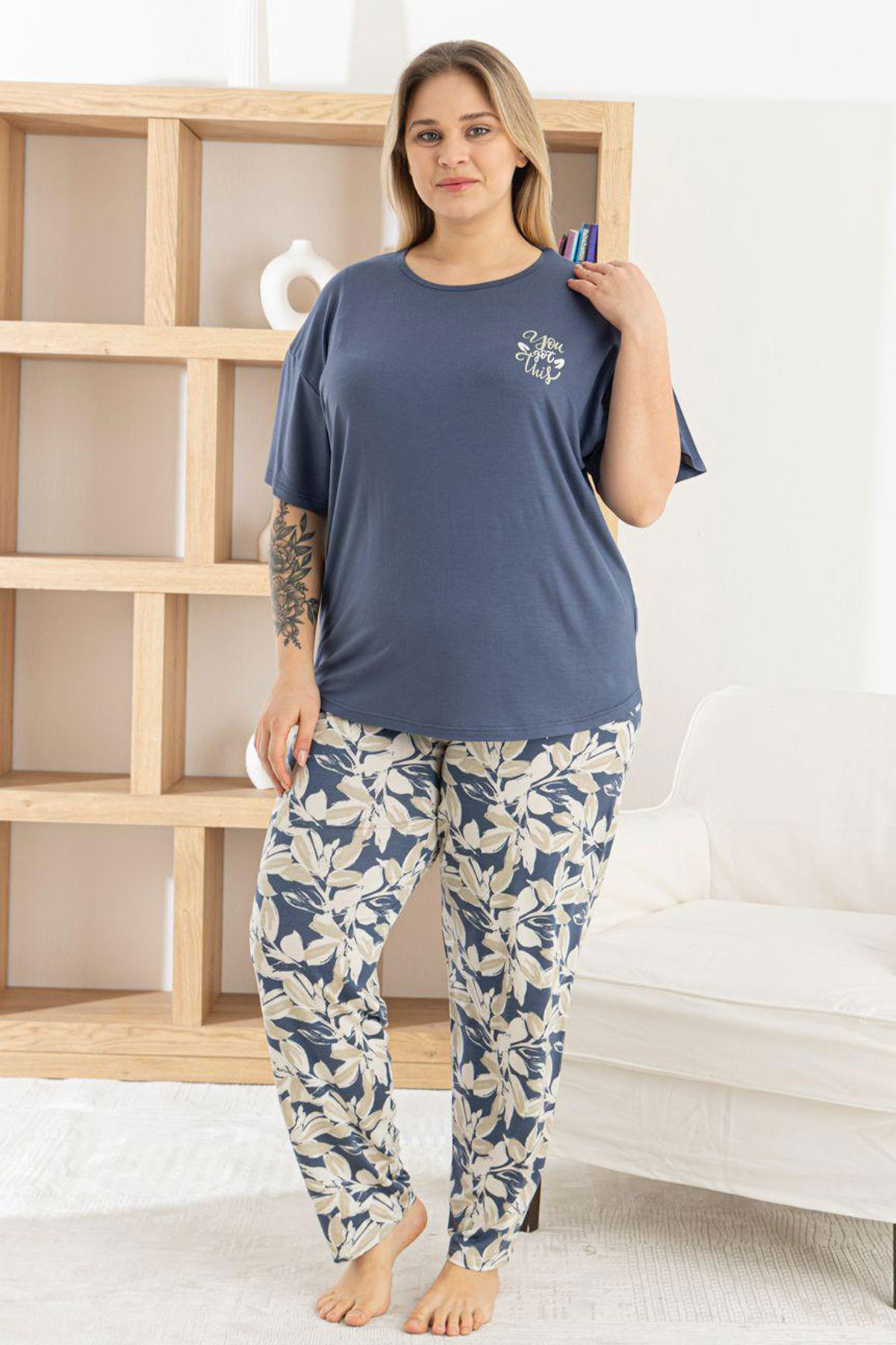 Pijamoni Kadın Pijama Takımı Kısa Kollu Bisiklet Yaka Çiçek Desenli Ring Viskon - İndigo - Thumbnail