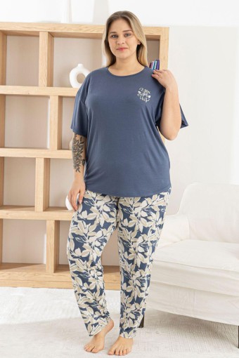 PİJAMONİ - Pijamoni Kadın Pijama Takımı Kısa Kollu Bisiklet Yaka Çiçek Desenli Ring Viskon - İndigo