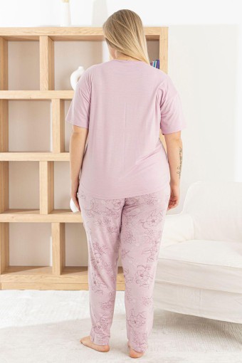 PİJAMONİ - Pijamoni Kadın Pijama Takımı Kısa Kollu Bisiklet Yaka Çiçek Desenli Ring Viskon - Lila (1)