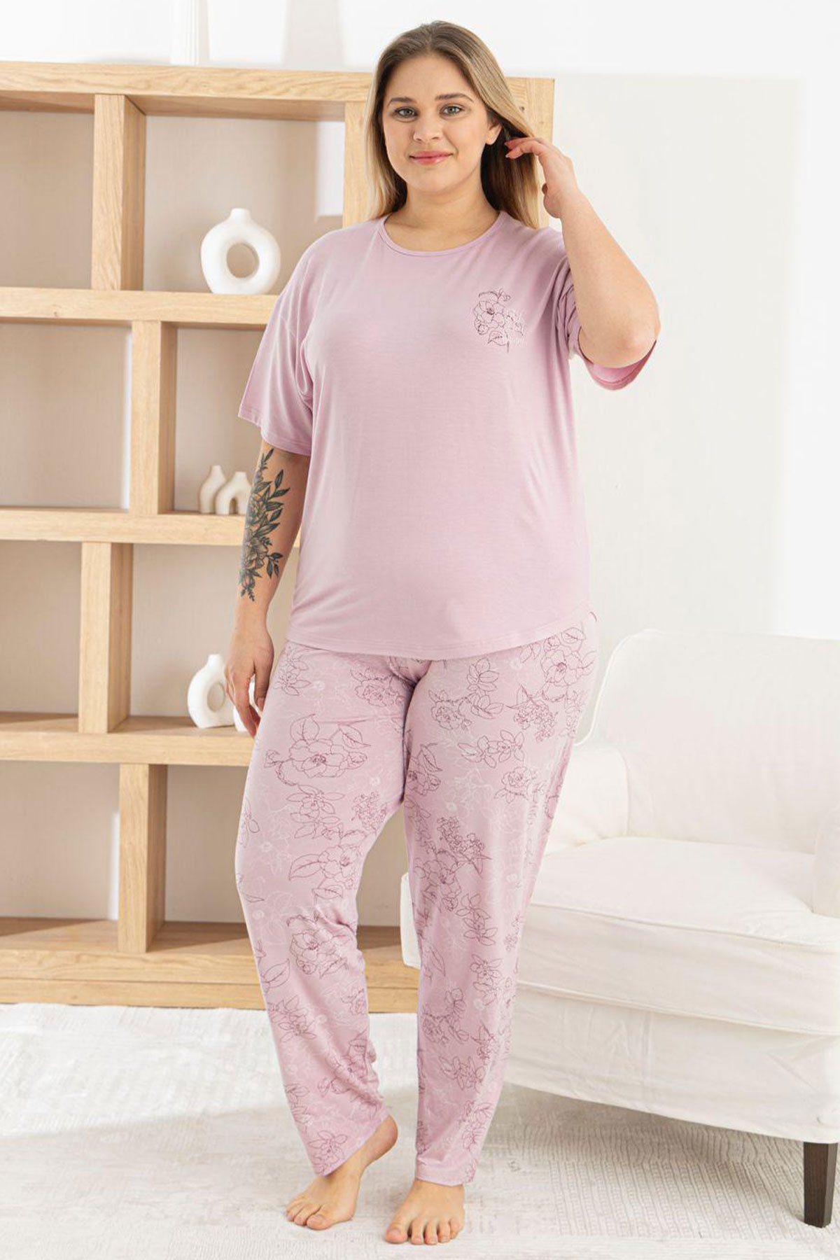 Pijamoni Kadın Pijama Takımı Kısa Kollu Bisiklet Yaka Çiçek Desenli Ring Viskon - Lila - Thumbnail