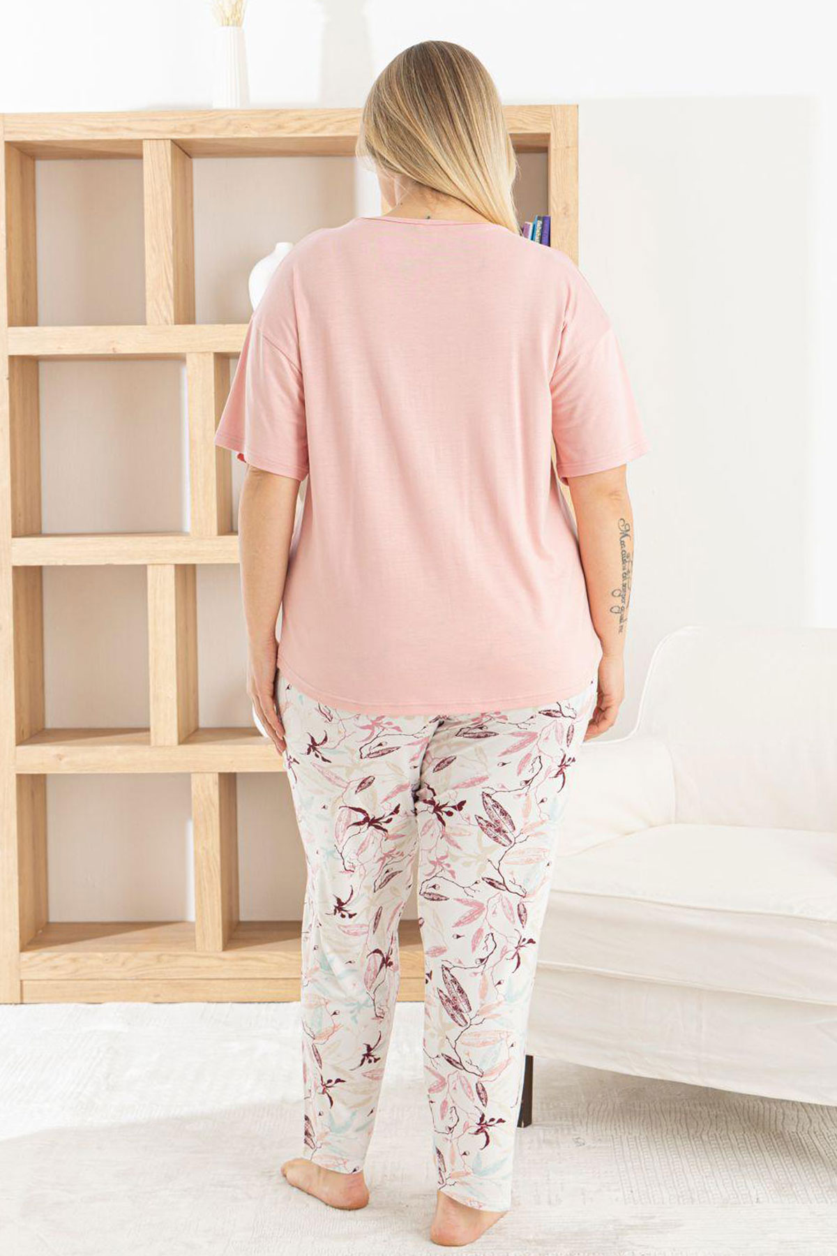 Pijamoni Kadın Pijama Takımı Kısa Kollu Bisiklet Yaka Çiçek Desenli Ring Viskon - Pudra - Thumbnail