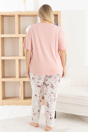 PİJAMONİ - Pijamoni Kadın Pijama Takımı Kısa Kollu Bisiklet Yaka Çiçek Desenli Ring Viskon - Pudra (1)