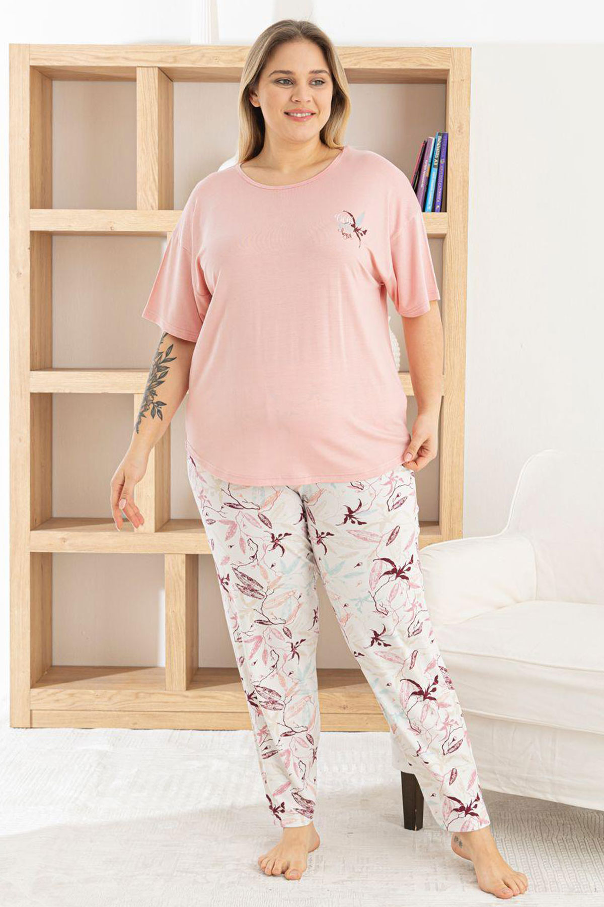 Pijamoni Kadın Pijama Takımı Kısa Kollu Bisiklet Yaka Çiçek Desenli Ring Viskon - Pudra - Thumbnail